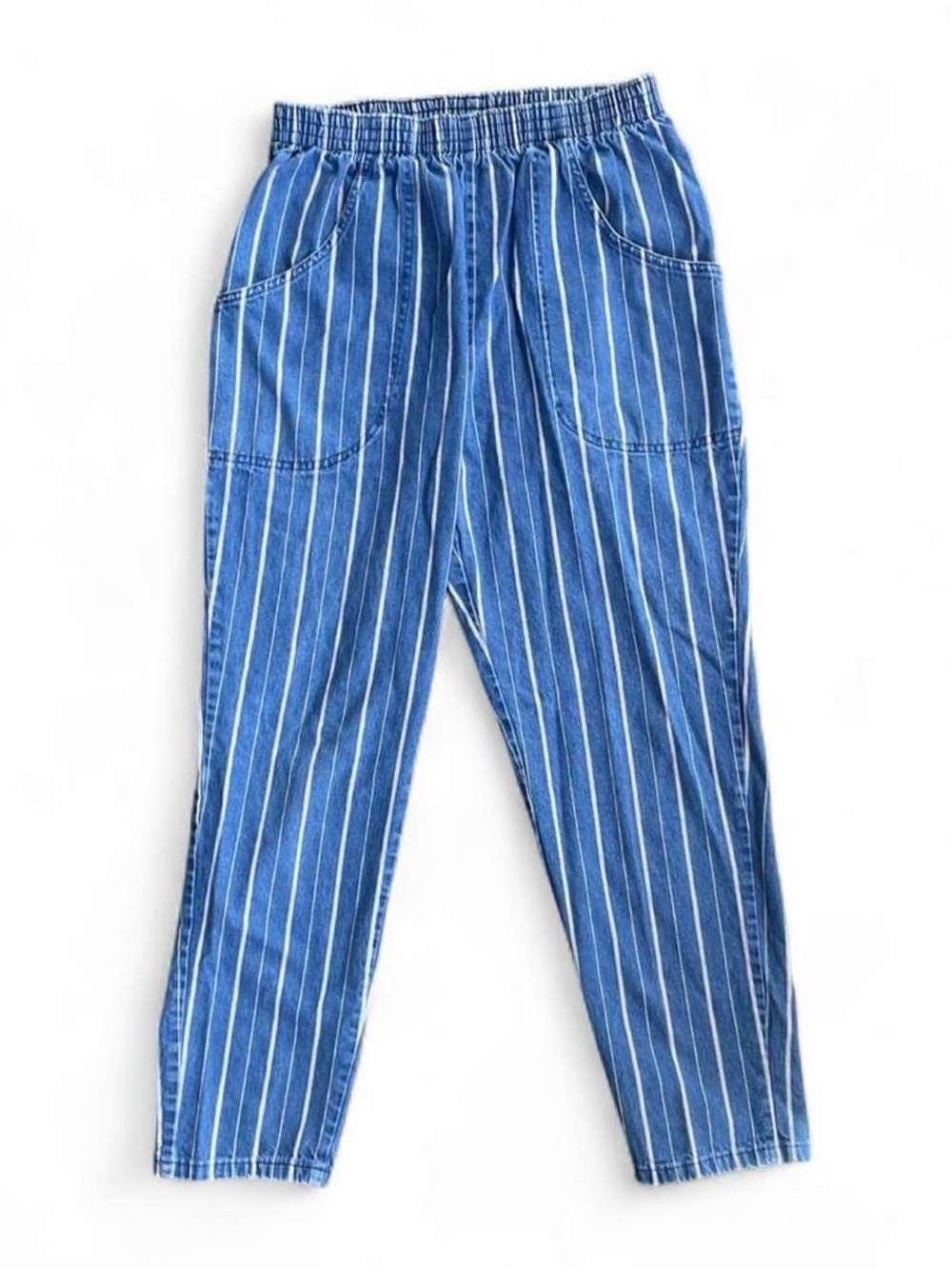 Vintage Blue Pinstripe Denim Pants – High Rise Elastic Waist Tapered Leg (S–M)